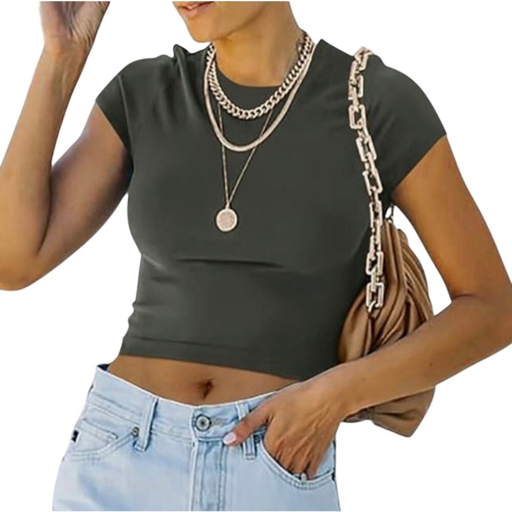 Reoria Ladies olive green cropped top, double layer, butter soft, short sleeve M